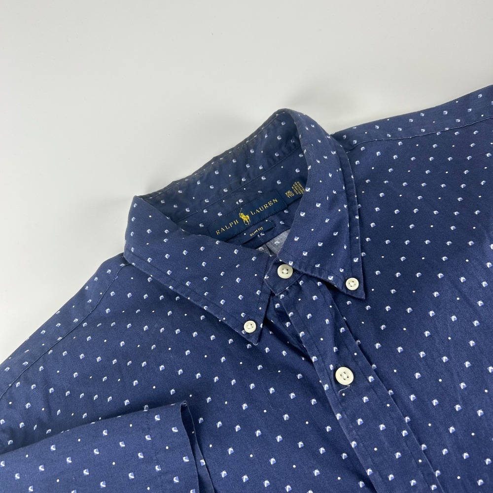 Ralph Lauren Mens XXL Slim Fit Short Sleeve Button Down Navy Geometric Shirt AOP